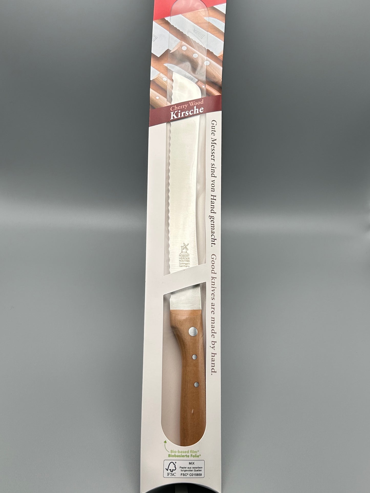 Brot-Sägemesser ca. 21 cm Klingenlänge rostfreier Stahl/ Kirschholz-Griff